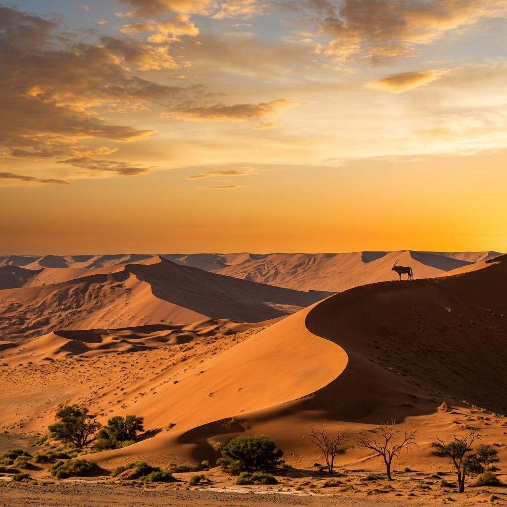 Illustrative view of Namibia's desert dunes at sunset